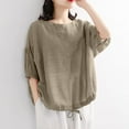 thumbnail image 2 of CHGBMOK Womens Solid Puff Sleeve Half Sleeve Blouses Crew Neck T Shirts Comfy Casual Tops Curved Hem Going Out Outfit, 2 of 6