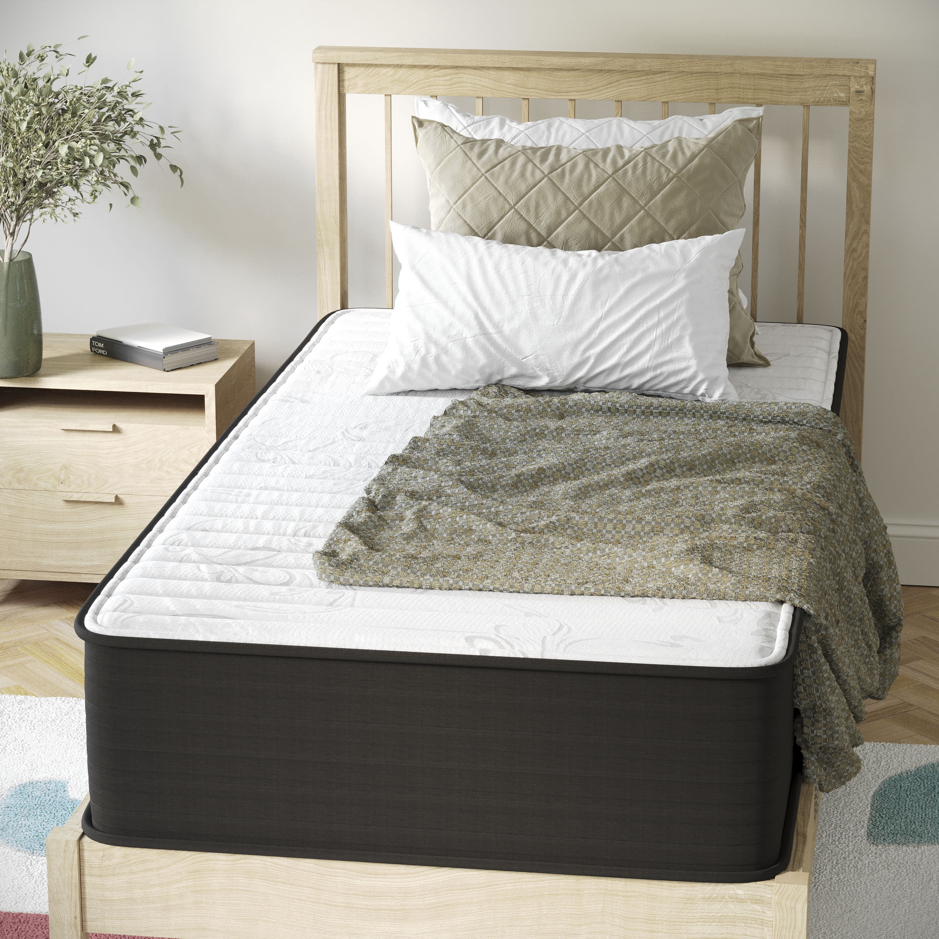 BizChair 12 Inch Hybrid Mattress, Twin Size High Density Foam and Pocket Spring Mattress in a Box, CertiPur-US Certified Foam, White/Black