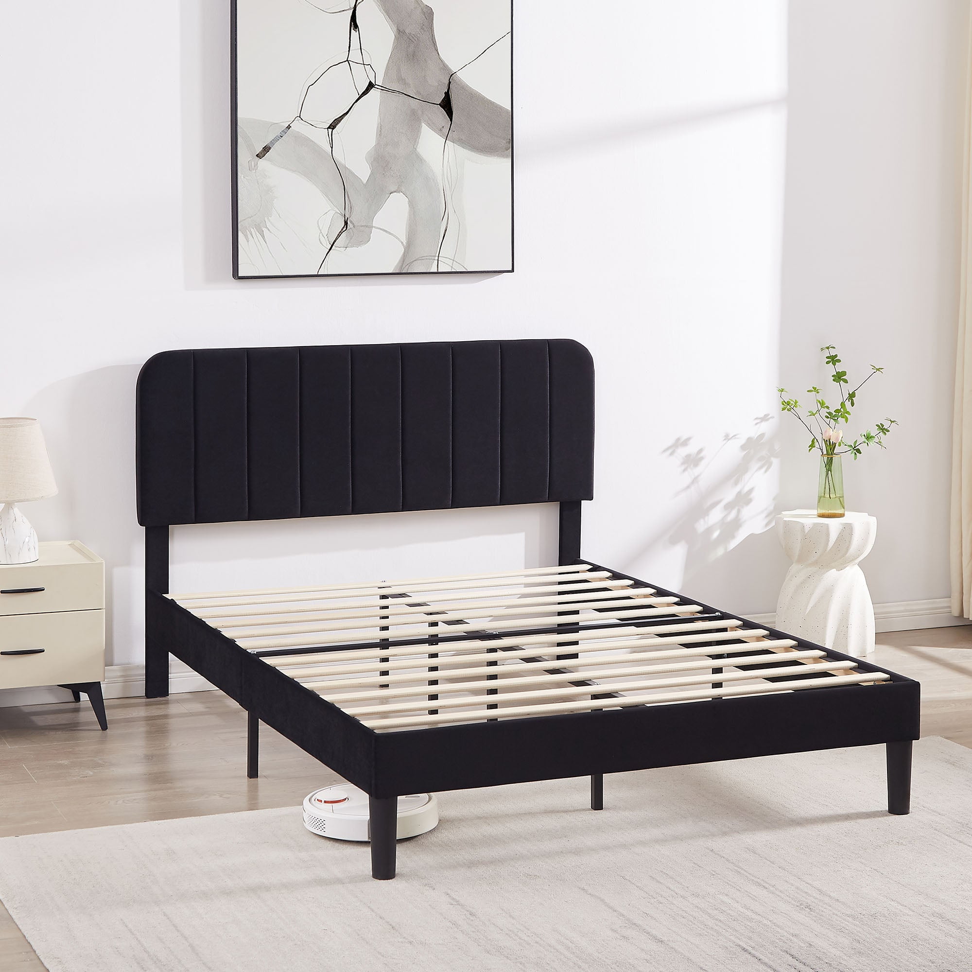 VECELO Full Size Bed Frame, Upholstered Platform Bed Frame with Adjustable Headboard, No Box Spring Needed, Easy Assembly, Black