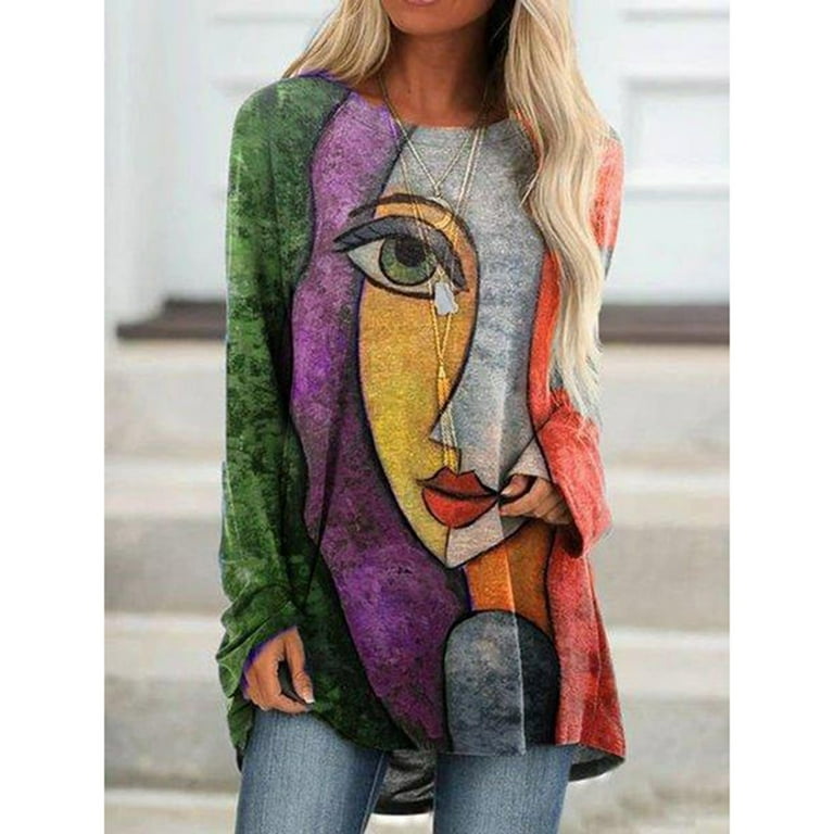 Fall Long Sleeve Tunic Tops for Women to Wear with Leggings Vintage  Abstract Graphic Print Tee Shirts Pullover Tunics 