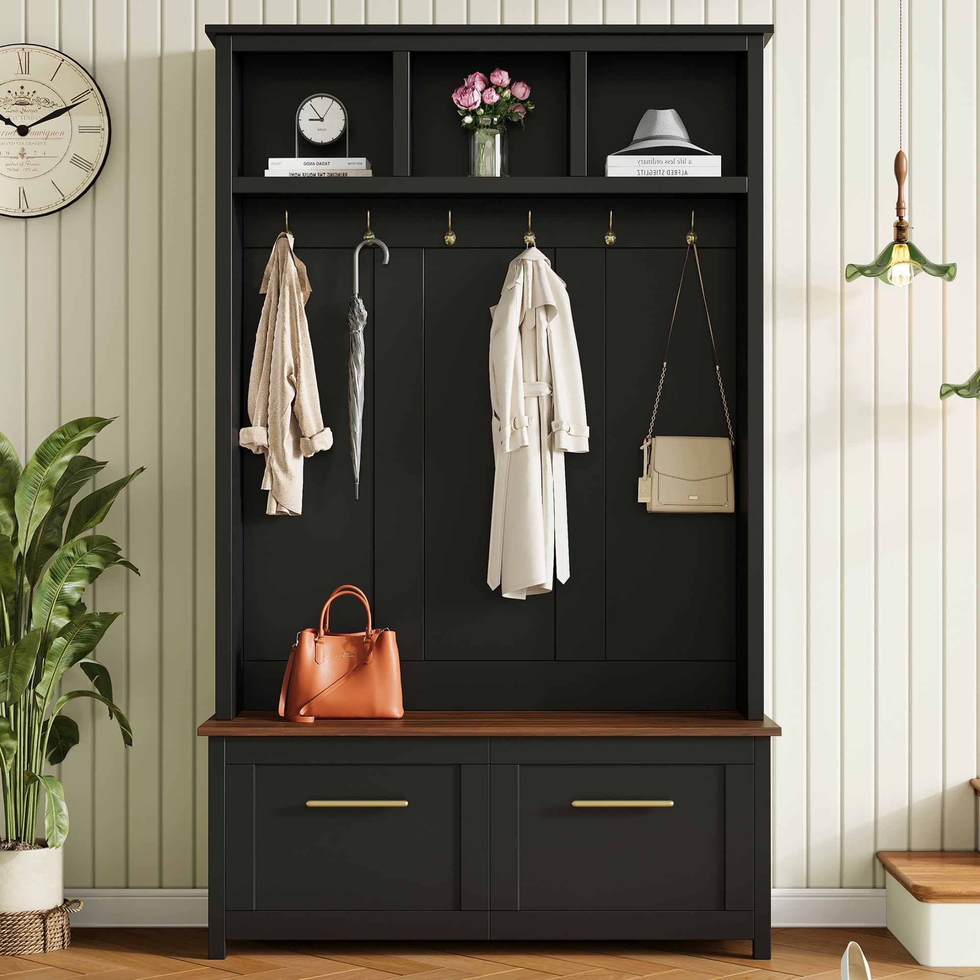 Mintazer 76.6"H Entryway Hall Tree with Bench & 2 Storage Drawers, 4-in-1 Entryway Organizer with Open Hutch Cubbies & 6 Golden Hooks for Mudroom Hallway, Black