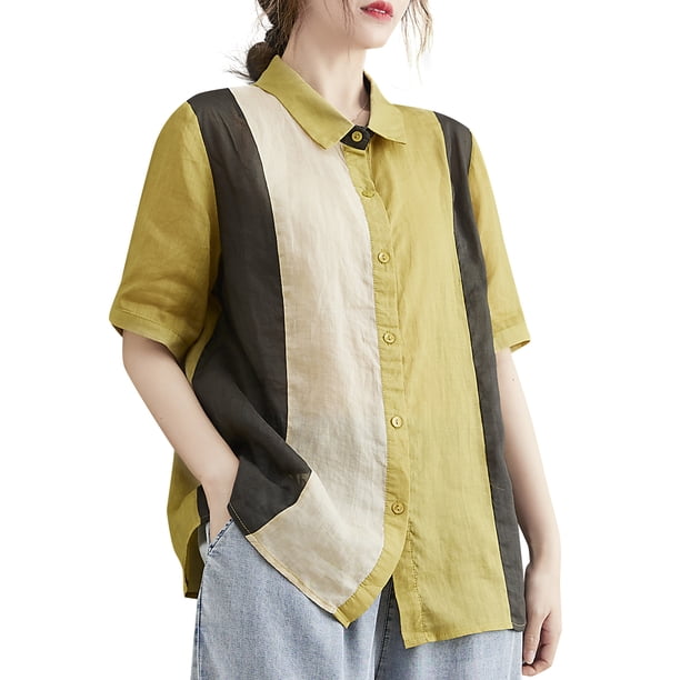 Camisas sueltas para mujer con rayas y empalmes, manga corta, botones, estilo vintage, informal