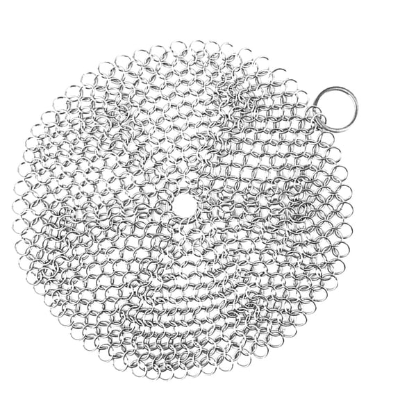 4x4 Inch Cast Iron Cleaner Stainless Steel Chain Mail Scrubber with Corner Ring for Skillet Pan Pot and Wok (Silver)