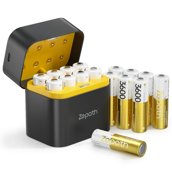 Zepath Lot de 16 Piles AA Rechargeables au Lithium avec Chargeur, Pile AA Grande Capacité 3600 mWh, Batte Li-ion AA 1,5 V à Tension Constante