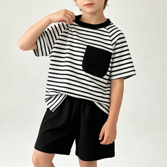 WQNVRNR Boys Summer Outfits Set- Summer Lightweight Striped Short Sleeve Tee Casual Shorts Cute 2Pcs Outfits Black Size 5