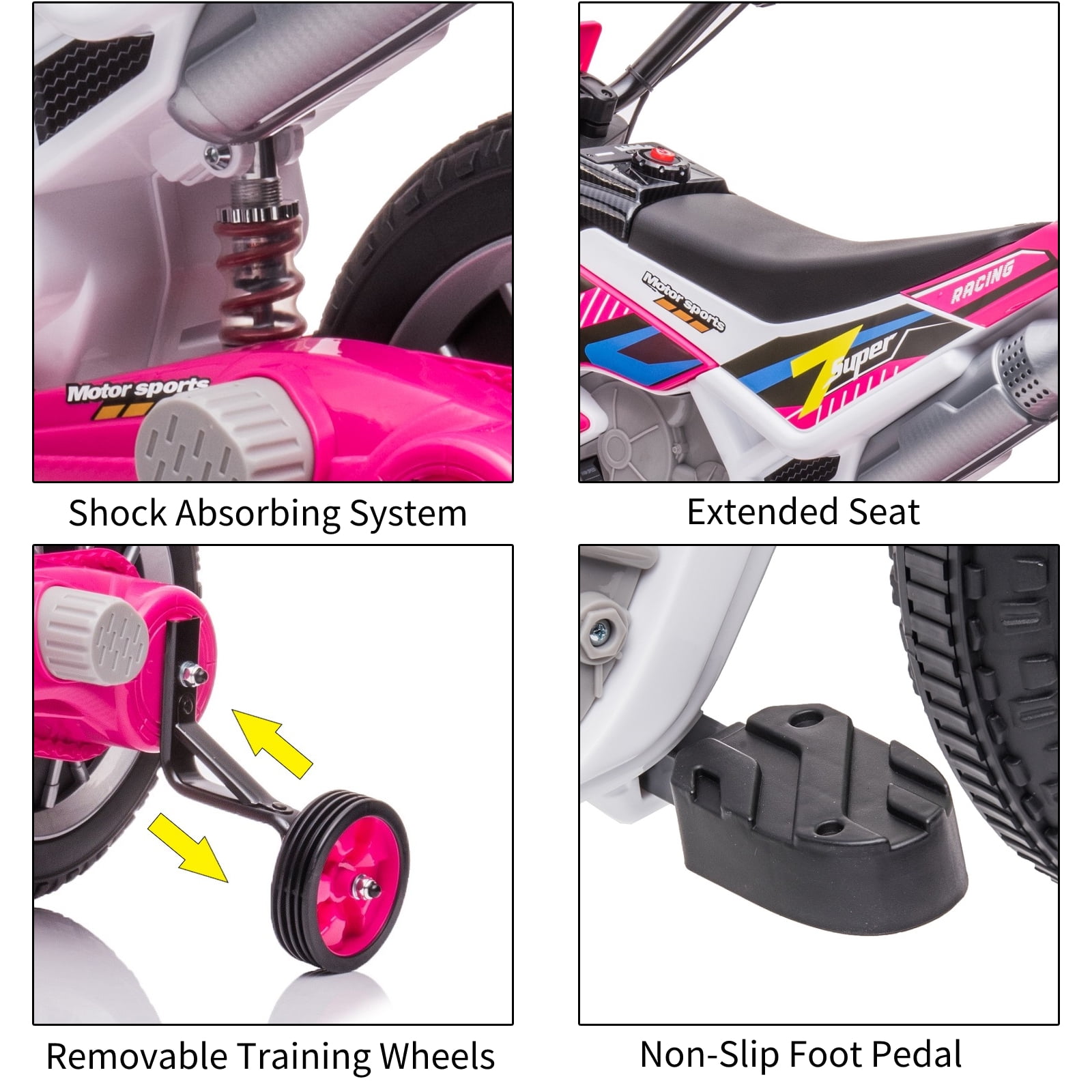 LUIBAS 12V Kids Ride On Electric Motorcycle, Battery Powered Electric Dirt Bike, Off-Road Street Bike Ride on Car with Training Wheels, Spring Suspension, High/Low Speeds, Built-in Music, Rose Pink