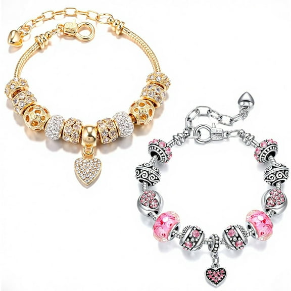 2 Pack Women Bracelets Pink and Gold Heart Silver Plated Charm Beads Bracelet, Jewelry for Women, Fits 7.5" 1.5"