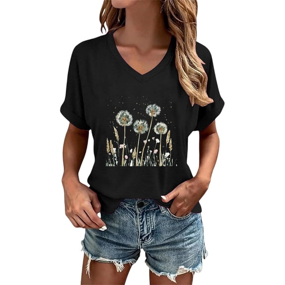 DHFJKG Short Sleeve Graphic Tee Women Dandelion Flower Print Crew Neck Loose Fit T Shirt Casual Daily Wear Soft Tops