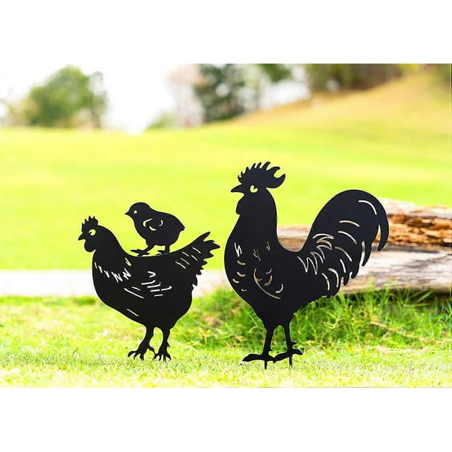 Chicken Yard Art Metal Stakes - Garden Decor Black Rooster Silhouette Stake for Yards, Patio, Outdoor Spring Decor - Set of 3 Metal Animal Lawn Decora