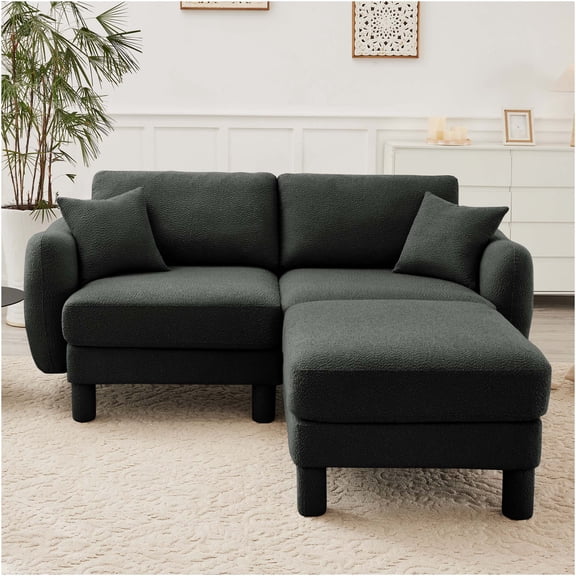 JERFIT Boucle Fabric Loveseat Sofa with Ottoman, Shell-Shaped Armrests, Dark Gray Modern 2-Seater Couch for Living Room