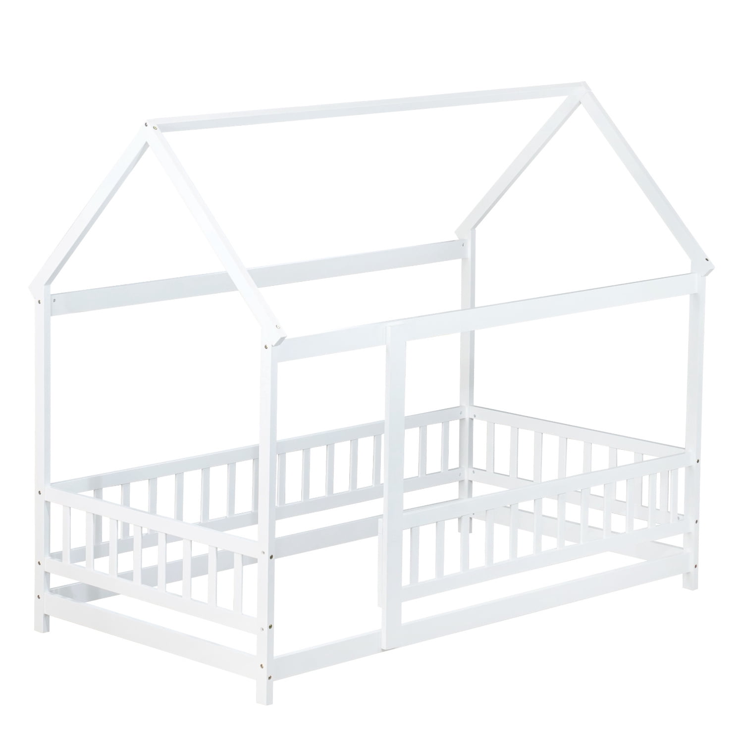Alvantor Twin Size Floor House Bed for Toddler, Solid Wood Bed Frame with Guardrails White