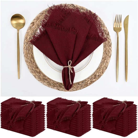 36 Pack Burgundy Napkins Cotton Linen Napkin 16 x 16 Inch Burgundy Napkins Cloth Handmade with Fringe Soft Washable Rustic Dinner Napkin Cloths for Wedding Party Dinner Table
