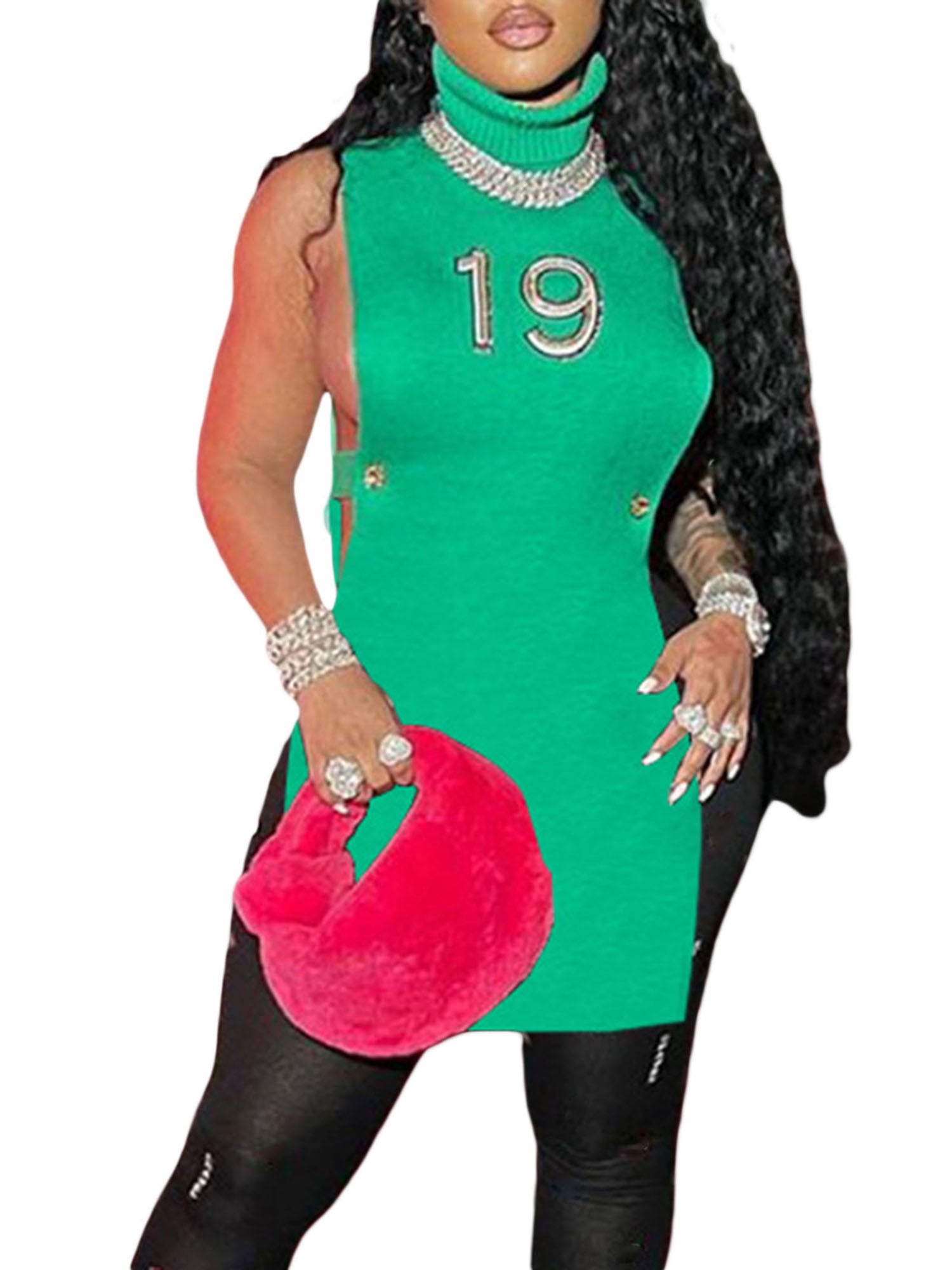 Nokpsedcb Women Summer Short Dress Ladies High Collar Number Pattern Sleeveless Side Hollow Casual One Piece Skirt Green M Walmart Com