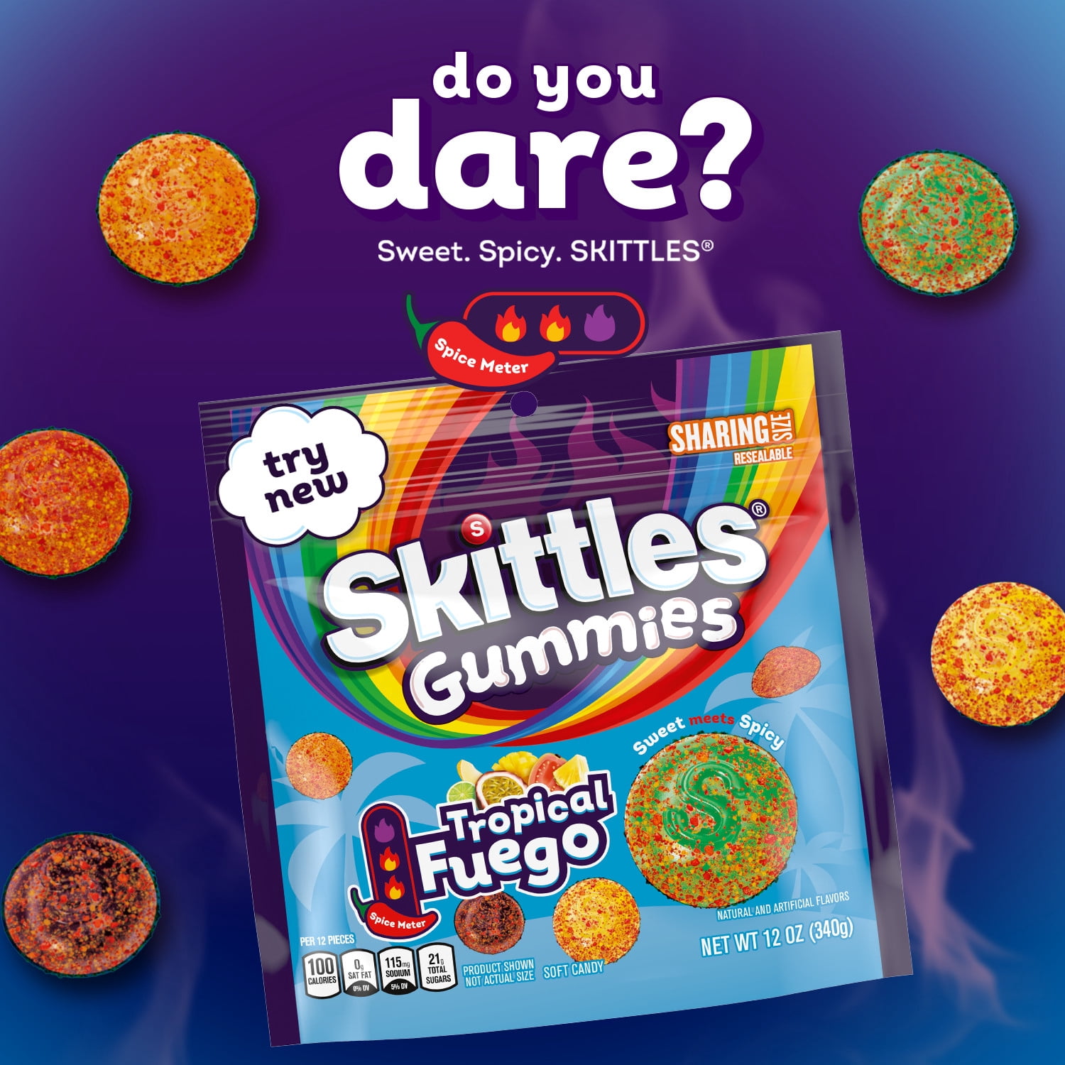 Skittles Gummies Tropical Fuego Gummy Candy, Sharing Size - 12 oz Candy Bag
