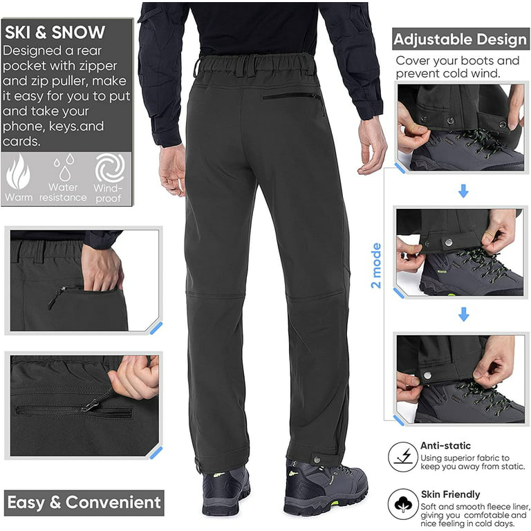 Hiauspor Mens Winter Snow Ski Fleece Lined Pants for Hiking Hunting Fishing  Water Repellent Windproof Dark Grey S 