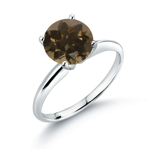 Gem Stone King 14K White Gold 1.80 Ct Round Brown Smoky Quartz Women Solitaire Engagement Ring