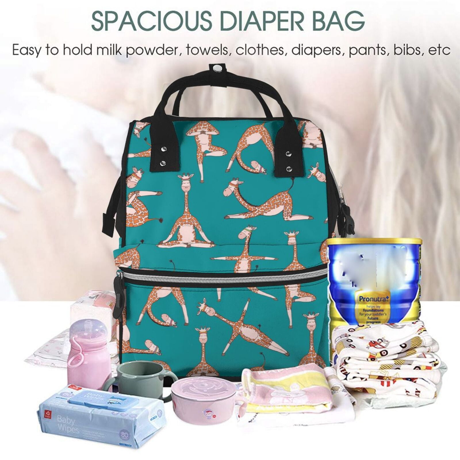 Fuzoiu Giraffes Doing Various Yoga Print Diaper Bag Backpack,Baby Essentials Travel Tote,Multi function Waterproof Diaper Bag, Travel Essentials Baby Bag - Unisex