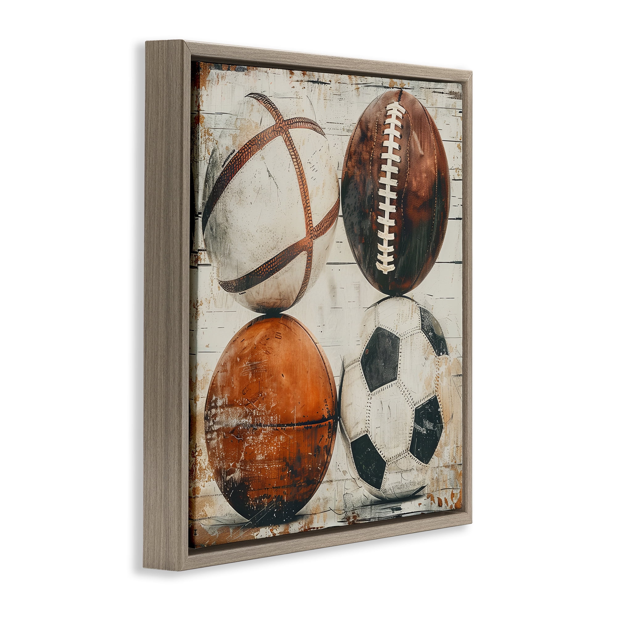 Stupell Industries Rustic Sports Balls Sports Painting Brown Floater Framed Canvas Art Print Wall Art, 18 x 18