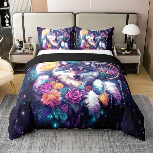 Erosebridal Housse de Couette Boho Loup 100 % Coton Taille Complète, Ensembles de Literie Florale Attrape-Rêves Taille Complète, Décor Animal Sauvage, Réversible (Sans Couette)