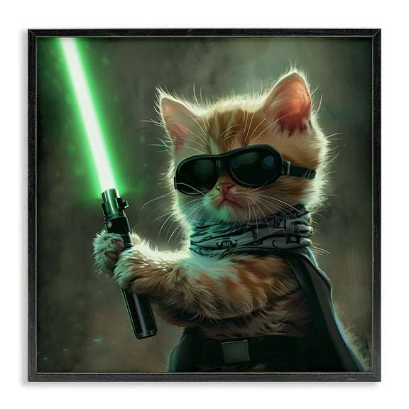 Stupell Industries Sci-Fi Kitten with Saber Fantasy & Sci-Fi Painting Black Framed Art Print Wall Art, 12 x 12