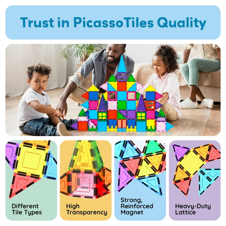 PicassoTiles Magnetic Building Blocks with Tiles and Click-in Educational Graphic Arts Magnet Construction Toy Set STEM Learning Playset Child Brain Development Stacking Playboard