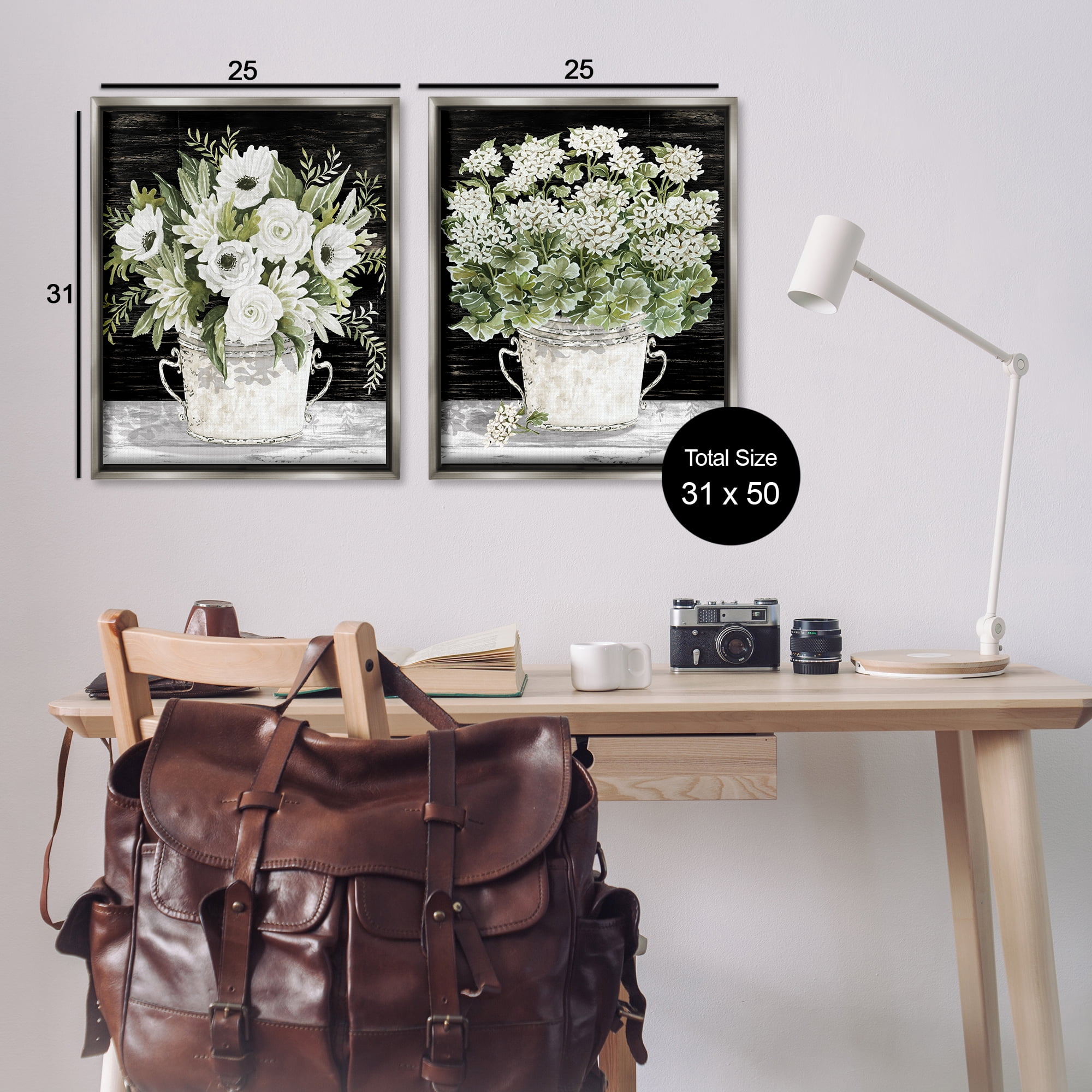 Stupell Industries Country Tins of Flowers Floral & Botanical Painting Gray Floater Framed Canvas Art Print Wall Art, 31 x 25, Set of 2