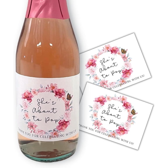 Pop It When She Pops Floral Pink Mini Champagne Bottle Label  12 pk 2 x 3 Sticker Tags When She Arrives for Wine Bottles Baby Shower Gender Reveal