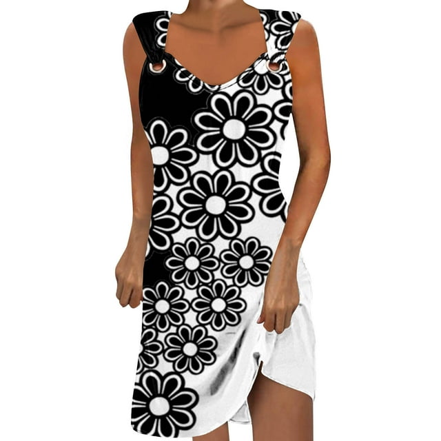 Penkiiy Robes pour Femmes 2024 Imprimé Marbre Col Rond Décontracté Sans Manches Bretelles Robe d'Été Babycon Sortie Décontractée Fête m Multicolore