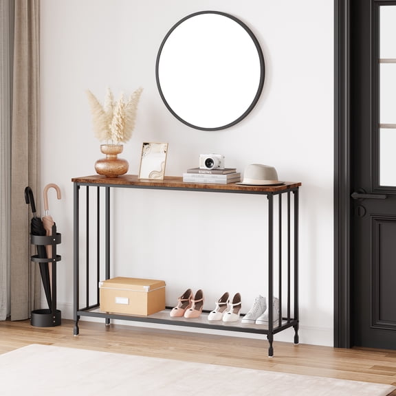 Industrial Narrow Console Table – Rustic Brown Wood Top, Glass Shelf, Metal Frame – Slim Sofa Side Table for Entryway, Living Room, Hallway – Vintage Color, 105×30×81cm