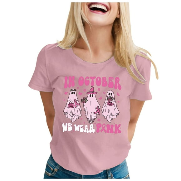 YDLCAFD Work Out Tops Women in October We Wear Shirt for Women Halloween Breast Cancer T Shirt Short Sleeve Ribbon Tee Tops Cropped Tank Tops for Women Nike T Shirts Women