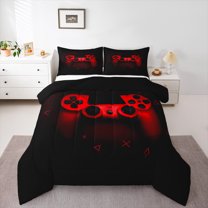 Manfei Game Repeat Queen Comforter Set for Teen, Black Red Game Console Bedding Sets, Cartoon Gamepad Gaming Reversible Bedding Comforter Set, Microfiber Bedroom Decor, 3 Pieces