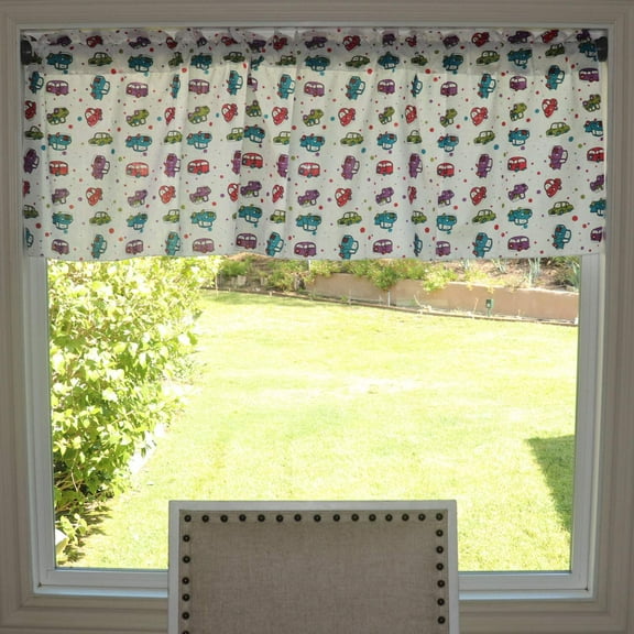 Cotton Window Valance Automobile Print 58 Inch Wide Cars and Trucks White