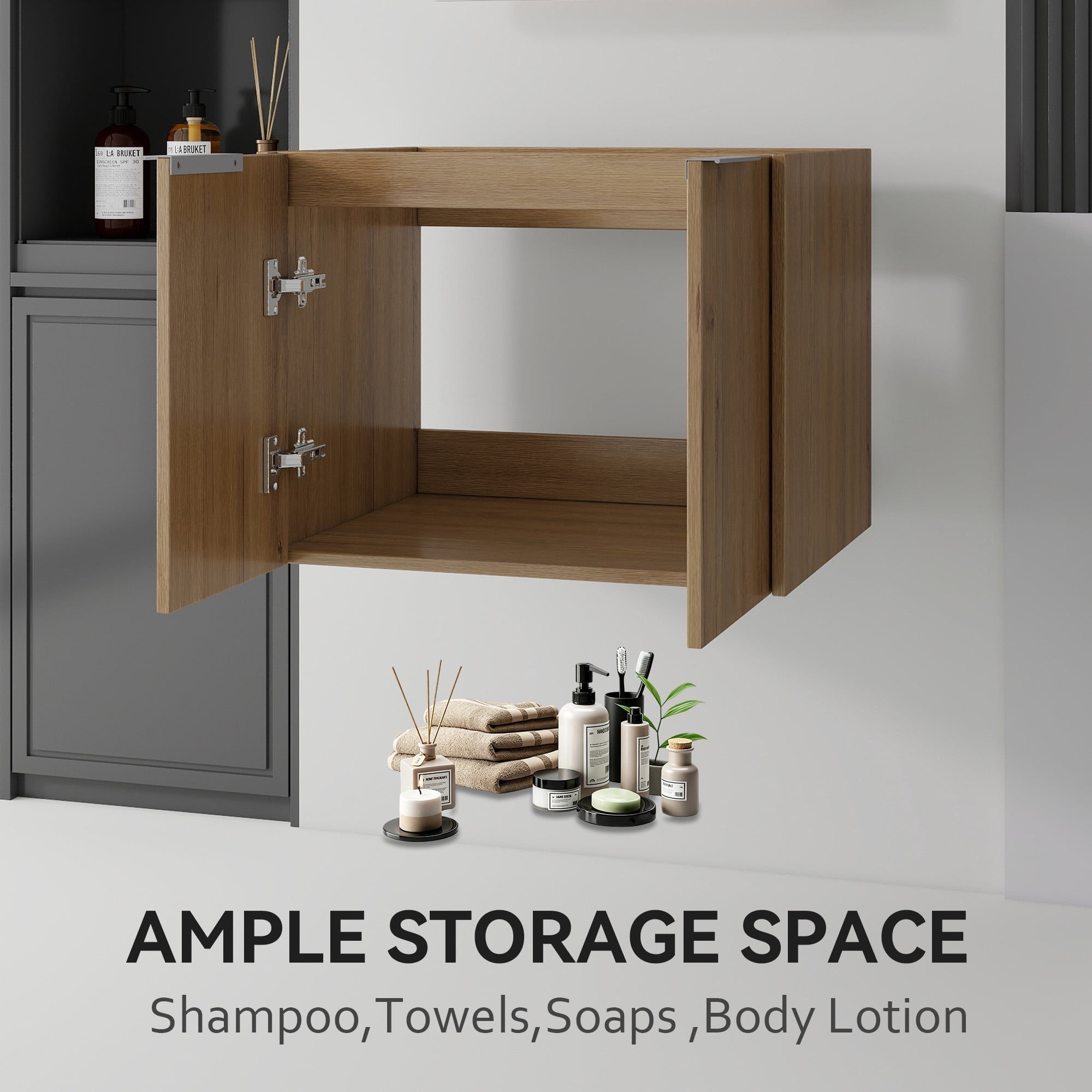 Leumius 24" Floating Bathroom Vanity Cabinet,Soft-Close Double Doors,Wall-Mounted,Cabinet Only,Oak