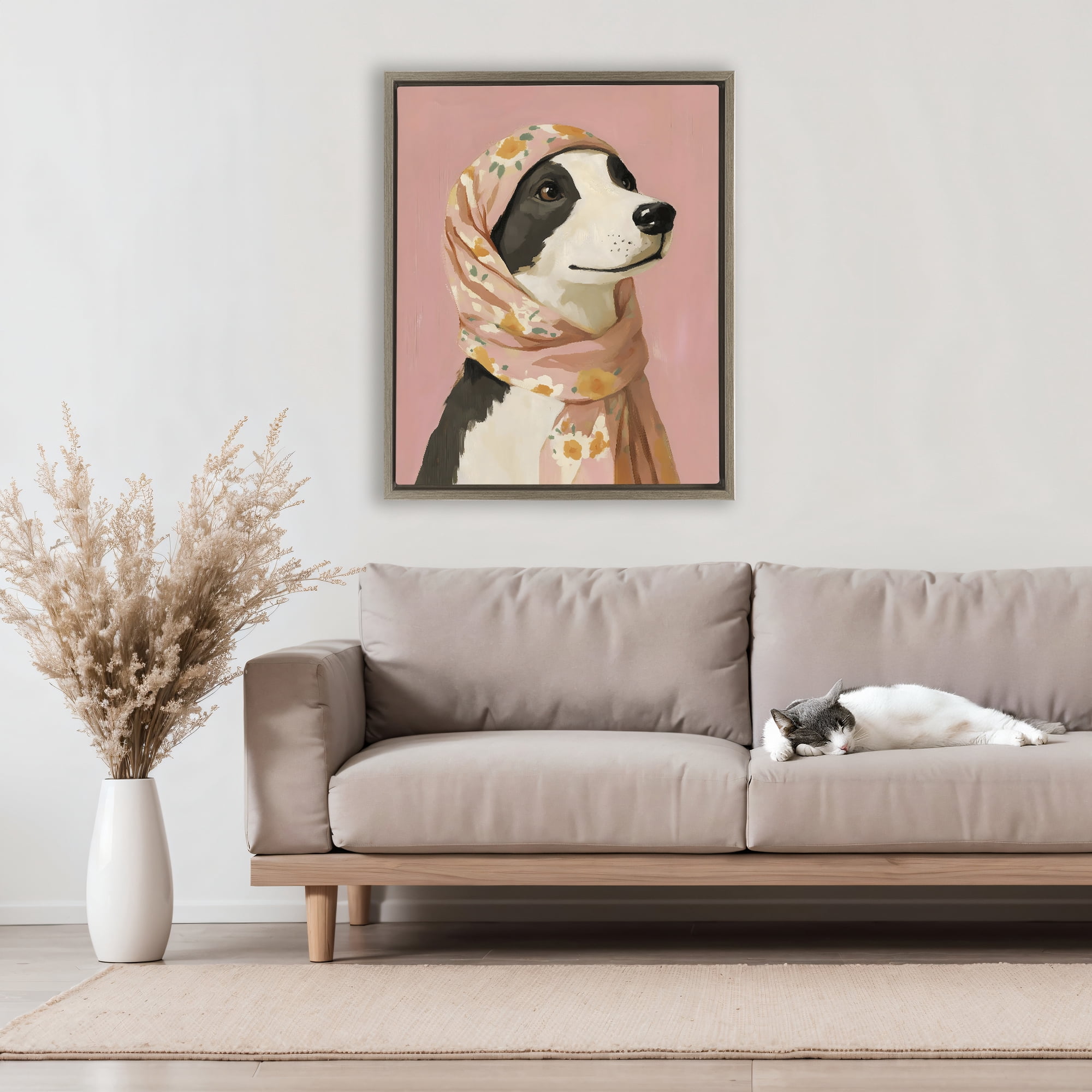 Stupell Industries Dog Babushka in Floral Scarf Brown Framed Floater Canvas Wall Art, design by The Prints Vibe
