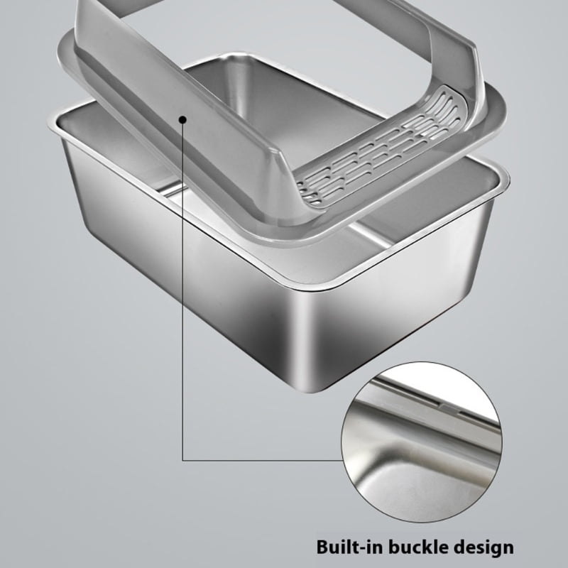 Stainless Steel Litter Box Half-Enclosed Design, Anti-Slip Base & Ventilation for Odor Control, Large Pet Bathroom