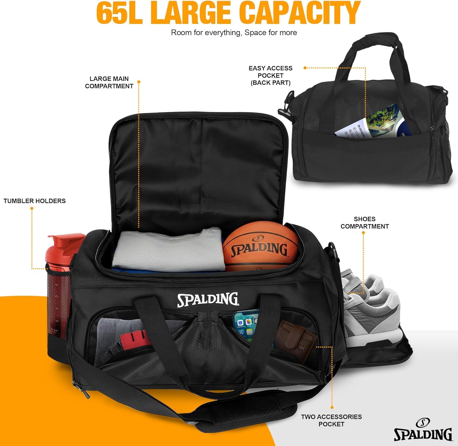Spalding 55L Gym Duffle Bag with Shoe & Wet Compartment – Waterproof Sports Travel Bag for Men & Women, Black, 24 x 12 x 14 in