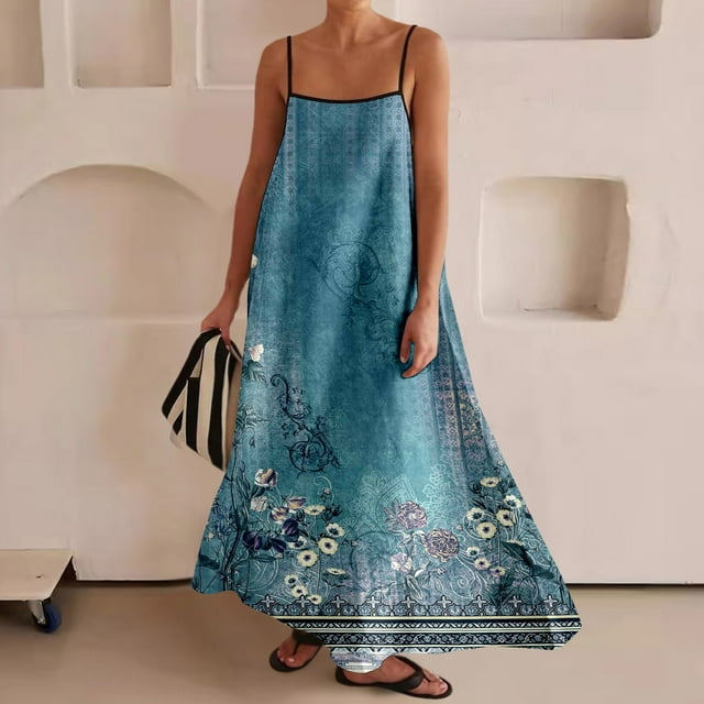 WILLBEST Dress Robes pour Femmes Maxi Femmes Bordure Contrastée Bretelles Spaghetti Tenues d'Été Voyage Robes Longues Sans Manches