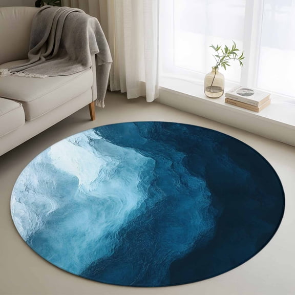 Navy Blue Waves Round Area Rug 3.3Ft Washable Circle Rugs for Dining Room Table, Coastal Summer Beach Ocean Non-Slip Carpet Floor Mats Indoor Outdoor Carpet Runner Aesthetic Home Decor