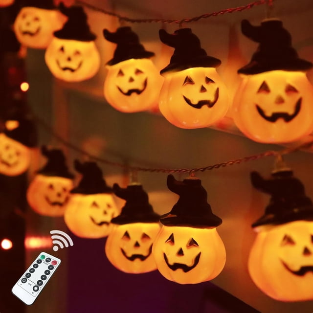 Cadena de luces de calabaza de Halloween con sombrero de bruja, 30 LED 14.7 pies 8 modos temporizador 3D impermeable naranja Jack-O-Lantern funciona con pilas luces parpadeantes para decoración