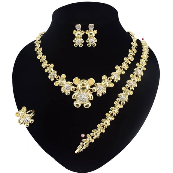 Women's Hugs & Kisses XOXO Teddy Bear Charm Necklace Set 18k Layered Real Gold Plated Includes Necklace Bracelet Earrings Ring Set