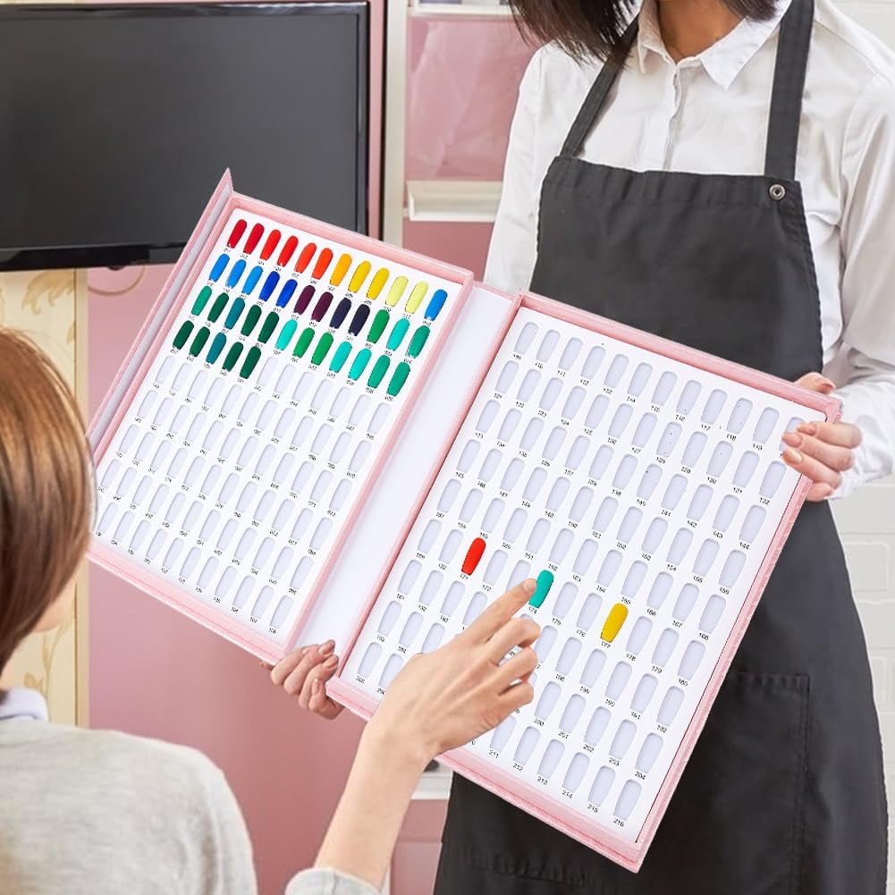 Pink Nail Color Display Book with 240Pcs Pink Nail Tips Nail Gel Polish Display Board Nail Color Chart Display Book Nail Polish Sample Book with Replacement Tips Salon Tools