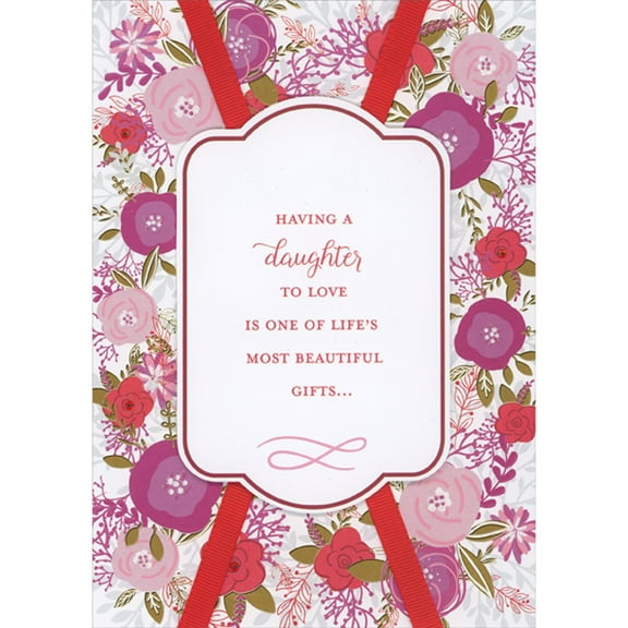 Designer Greetings One of Life's Most Beautiful Gifts 3D Die Cut Banner Over Criss Cross Red Ribbons Hand Decorated Valentine's Day Card for Daughter