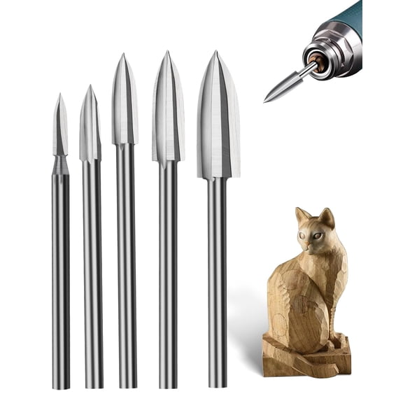 Wood Carving Tools for Rotary Tool, 5 PCS HSS Woodworking Tools Engraving Drill Bit Set Wood Crafts Grinding Tool Universal 1/8” Shank for DIY Carving Drilling Micro Sculpture