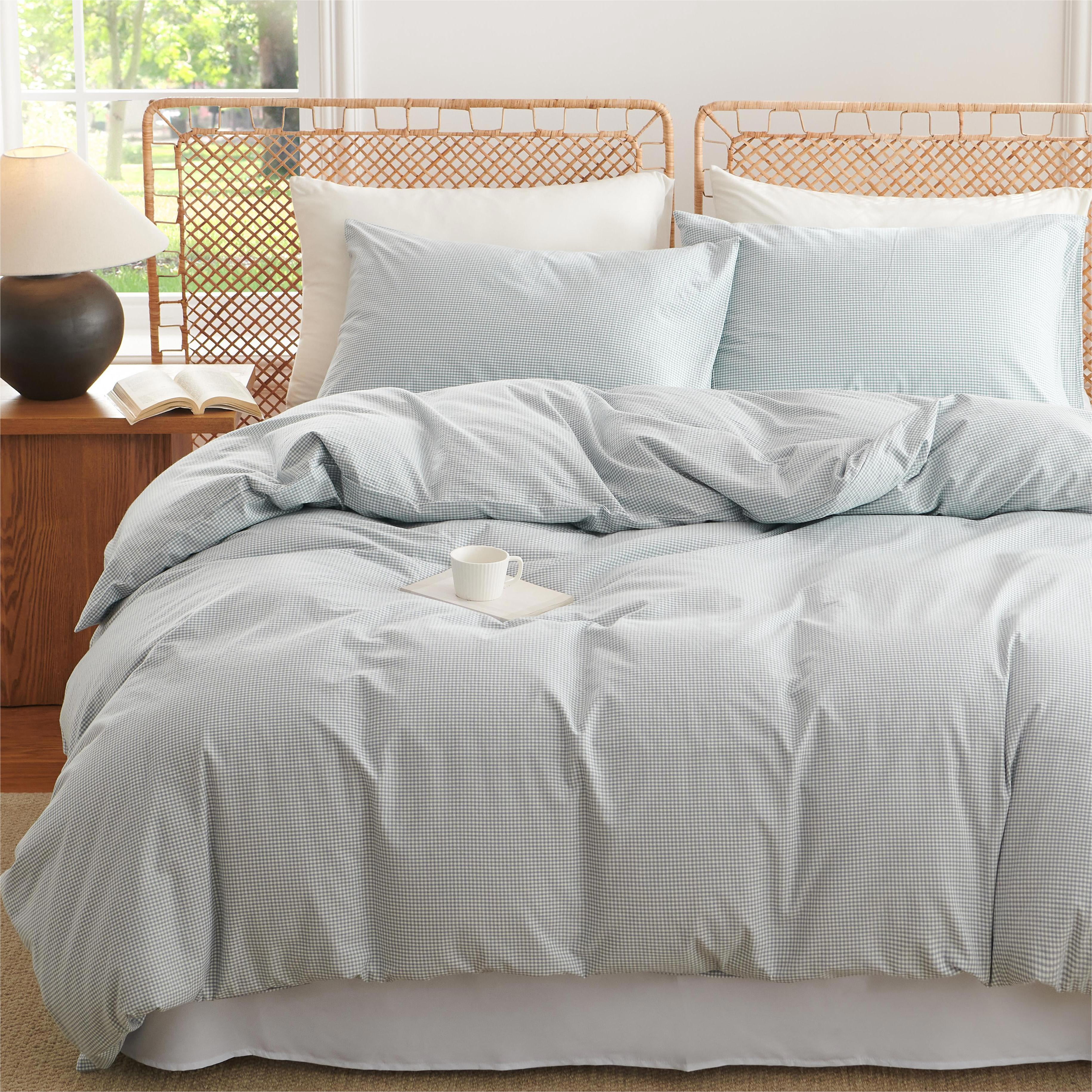 3 Pieces Blue Gingham Duvet Cover 100% Washed Cotton Fine Grid Checkered King Comforter Cover with Zipper Home Cozy and Breathable Grid Farmhouse Bedding Set