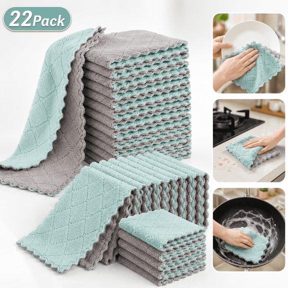 USTOP 22Pack Kitchen Dish Rag, Clean Cloth Reusable,Dish Cloths for Washing Dishes,Nonstick Oil Washable Fast Drying,Super Absorbent Coral Velvet Kitchen Washcloth Tableware,Kitchen Rags,Green-grey