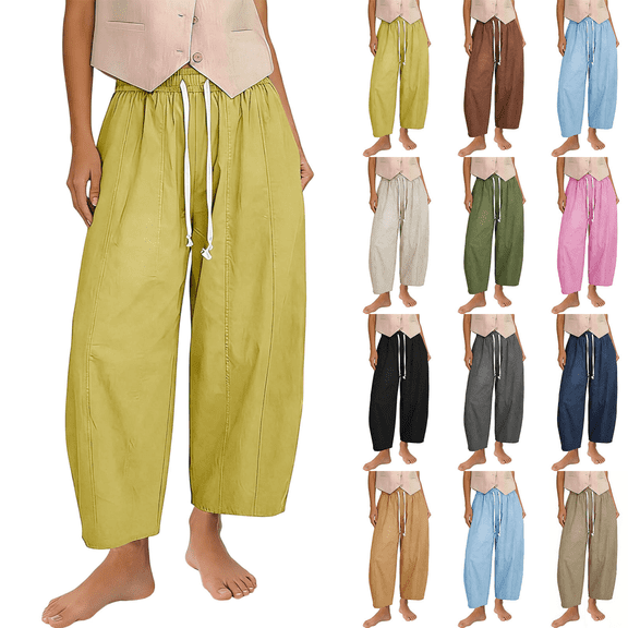 SimpleJoyi Women Wide Leg Cropped Pants Elastic Drawstring Waist Vertical Seam Pocket Casual Trousers