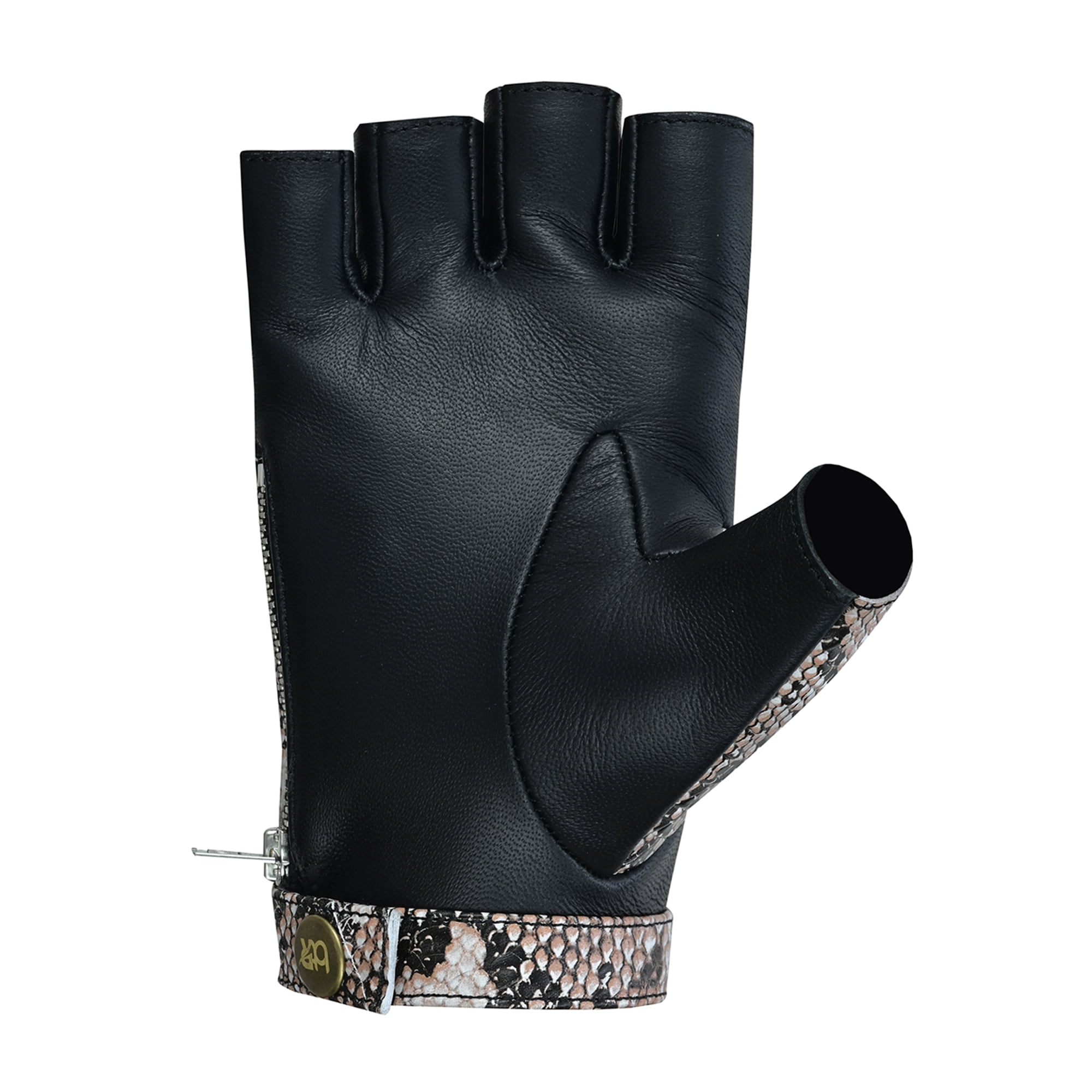 Men's Python Snake Embossed Leather Driving Gloves Half Finger Car Driving Motorcycle Bikers Riding Gloves Beige-L