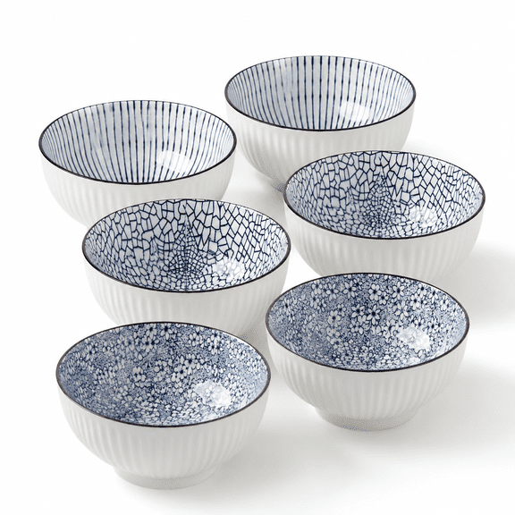 Abstract 6 Inch Blue And White Porcelain 30 Oz Set Of 6 For Soup Cereal Desserts