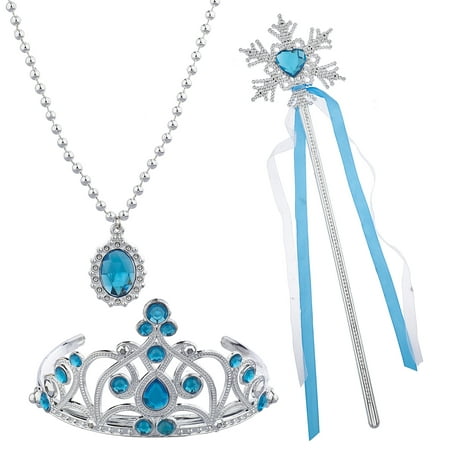 Lux Accessories Blue Princess Tiara Wand Necklace Halloween Costume Set 3PC