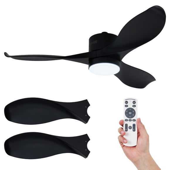Ventilador de Techo 42/52" con Luz LED, Negro Motor DC Reversible 6 Velocidades Temporizador Control Remoto y APP Impermeable IP44/IP65 Bajo Perfil para Dormitorio Patio Cocina Cenador